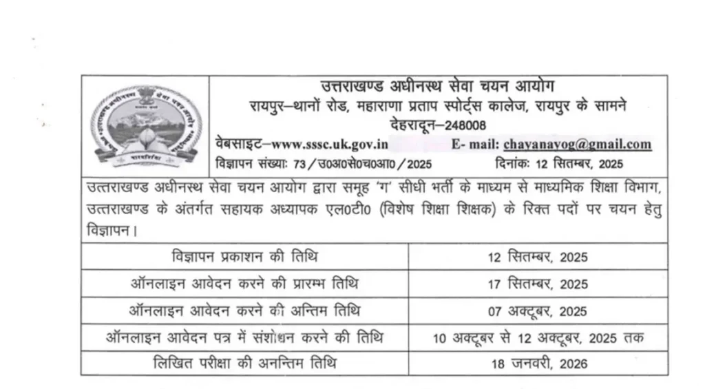 UKSSSC Assistant Teacher Recruitment 2025